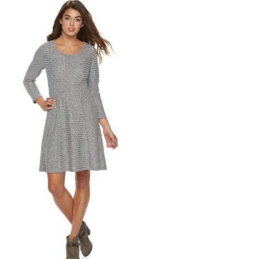 Sweater Dress Cloud Chaser Silver Medium Fit Flare Stretch Scoop Neck 3/4 Sleeve